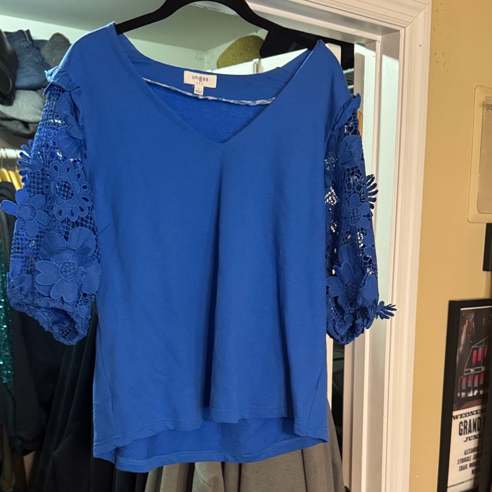 Umgee Royal Blue Blouse with Lace Floral Sleeves